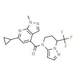 ChemSpider 2D Image | (6-Cyclopropyl-1-methyl-1H-pyrazolo[3,4-b]pyridin-4-yl)[7-(trifluoromethyl)-6,7-dihydropyrazolo[1,5-a]pyrimidin-4(5H)-yl]methanone | C18H17F3N6O