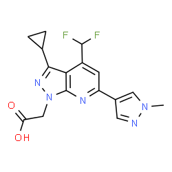 ChemSpider 2D Image | [3-cyclopropyl-4-(difluoromethyl)-6-(1-methylpyrazol-4-yl)pyrazolo[3,4-b]pyridin-1-yl]acetic acid | C16H15F2N5O2