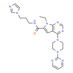 ChemSpider 2D Image | 7-Ethyl-N-[3-(1H-imidazol-1-yl)propyl]-4-[4-(2-pyrimidinyl)-1-piperazinyl]-7H-pyrrolo[2,3-d]pyrimidine-6-carboxamide | C23H28N10O
