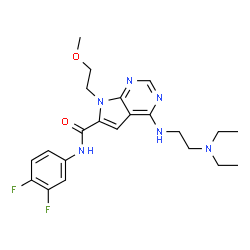 ChemSpider 2D Image | 4-{[2-(Diethylamino)ethyl]amino}-N-(3,4-difluorophenyl)-7-(2-methoxyethyl)-7H-pyrrolo[2,3-d]pyrimidine-6-carboxamide | C22H28F2N6O2