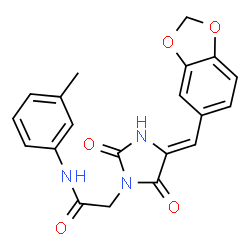 ChemSpider 2D Image | 2-[(4Z)-4-(1,3-Benzodioxol-5-ylmethylene)-2,5-dioxo-1-imidazolidinyl]-N-(3-methylphenyl)acetamide | C20H17N3O5