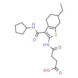 ChemSpider 2D Image | 4-{[3-(Cyclopentylcarbamoyl)-6-ethyl-4,5,6,7-tetrahydro-1-benzothiophen-2-yl]amino}-4-oxobutanoic acid | C20H28N2O4S