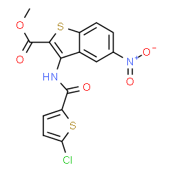 ChemSpider 2D Image | Methyl 3-{[(5-chloro-2-thienyl)carbonyl]amino}-5-nitro-1-benzothiophene-2-carboxylate | C15H9ClN2O5S2