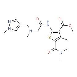 ChemSpider 2D Image | Methyl 5-(dimethylcarbamoyl)-4-methyl-2-({N-methyl-N-[(1-methyl-1H-pyrazol-4-yl)methyl]glycyl}amino)-3-thiophenecarboxylate | C18H25N5O4S
