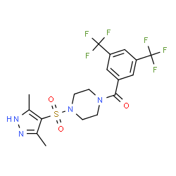 ChemSpider 2D Image | [3,5-Bis(trifluoromethyl)phenyl]{4-[(3,5-dimethyl-1H-pyrazol-4-yl)sulfonyl]-1-piperazinyl}methanone | C18H18F6N4O3S