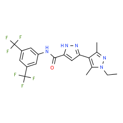 ChemSpider 2D Image | N-[3,5-Bis(trifluoromethyl)phenyl]-1'-ethyl-3',5'-dimethyl-1H,1'H-3,4'-bipyrazole-5-carboxamide | C19H17F6N5O