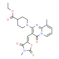 ChemSpider 2D Image | Ethyl 1-{9-methyl-3-[(Z)-(3-methyl-4-oxo-2-thioxo-1,3-thiazolidin-5-ylidene)methyl]-4-oxo-4H-pyrido[1,2-a]pyrimidin-2-yl}-4-piperidinecarboxylate | C22H24N4O4S2