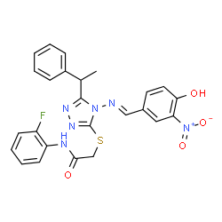 ChemSpider 2D Image | N-(2-Fluorophenyl)-2-({4-[(E)-(4-hydroxy-3-nitrobenzylidene)amino]-5-(1-phenylethyl)-4H-1,2,4-triazol-3-yl}sulfanyl)acetamide | C25H21FN6O4S