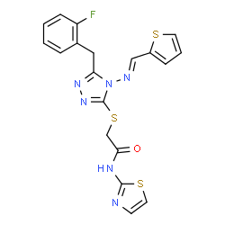 ChemSpider 2D Image | 2-({5-(2-Fluorobenzyl)-4-[(E)-(2-thienylmethylene)amino]-4H-1,2,4-triazol-3-yl}sulfanyl)-N-(1,3-thiazol-2-yl)acetamide | C19H15FN6OS3