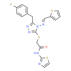 ChemSpider 2D Image | 2-({5-(4-Fluorobenzyl)-4-[(E)-(2-thienylmethylene)amino]-4H-1,2,4-triazol-3-yl}sulfanyl)-N-(1,3-thiazol-2-yl)acetamide | C19H15FN6OS3