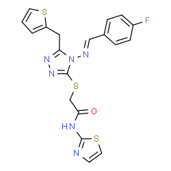 ChemSpider 2D Image | 2-({4-[(E)-(4-Fluorobenzylidene)amino]-5-(2-thienylmethyl)-4H-1,2,4-triazol-3-yl}sulfanyl)-N-(1,3-thiazol-2-yl)acetamide | C19H15FN6OS3