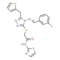 ChemSpider 2D Image | 2-({4-[(E)-(3-Fluorobenzylidene)amino]-5-(2-thienylmethyl)-4H-1,2,4-triazol-3-yl}sulfanyl)-N-(1,3-thiazol-2-yl)acetamide | C19H15FN6OS3
