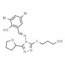 ChemSpider 2D Image | 2,4-Dibromo-6-[(E)-({3-[(3-hydroxypropyl)sulfanyl]-5-(tetrahydro-2-furanyl)-4H-1,2,4-triazol-4-yl}imino)methyl]phenol | C16H18Br2N4O3S