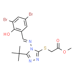 ChemSpider 2D Image | Methyl ({4-[(E)-(3,5-dibromo-2-hydroxybenzylidene)amino]-5-(2-methyl-2-propanyl)-4H-1,2,4-triazol-3-yl}sulfanyl)acetate | C16H18Br2N4O3S