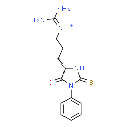 ChemSpider 2D Image | Diamino-N-{3-[(4S)-5-oxo-1-phenyl-2-thioxo-4-imidazolidinyl]propyl}methaniminium | C13H18N5OS