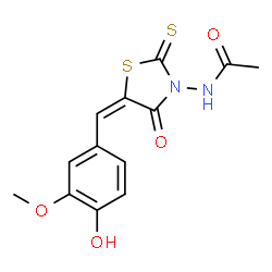 ChemSpider 2D Image | N-[(5E)-5-(4-Hydroxy-3-methoxybenzylidene)-4-oxo-2-thioxo-1,3-thiazolidin-3-yl]acetamide | C13H12N2O4S2