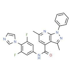 ChemSpider 2D Image | N-[3,5-Difluoro-4-(1H-imidazol-1-yl)phenyl]-3,6-dimethyl-1-phenyl-1H-pyrazolo[3,4-b]pyridine-4-carboxamide | C24H18F2N6O