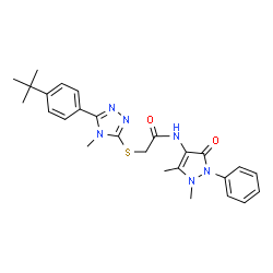 ChemSpider 2D Image | N-(1,5-Dimethyl-3-oxo-2-phenyl-2,3-dihydro-1H-pyrazol-4-yl)-2-({4-methyl-5-[4-(2-methyl-2-propanyl)phenyl]-4H-1,2,4-triazol-3-yl}sulfanyl)acetamide | C26H30N6O2S