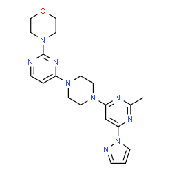 ChemSpider 2D Image | 4-(4-{4-[2-Methyl-6-(1H-pyrazol-1-yl)-4-pyrimidinyl]-1-piperazinyl}-2-pyrimidinyl)morpholine | C20H25N9O