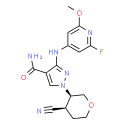 ChemSpider 2D Image | 1-[(3R,4R)-4-Cyanotetrahydro-2H-pyran-3-yl]-3-[(2-fluoro-6-methoxy-4-pyridinyl)amino]-1H-pyrazole-4-carboxamide | C16H17FN6O3