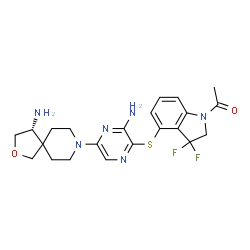 ChemSpider 2D Image | 1-[4-({3-Amino-5-[(4R)-4-amino-2-oxa-8-azaspiro[4.5]dec-8-yl]-2-pyrazinyl}sulfanyl)-3,3-difluoro-2,3-dihydro-1H-indol-1-yl]ethanone | C22H26F2N6O2S