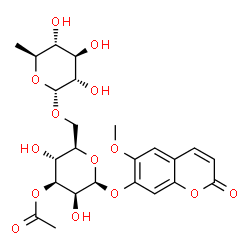 ChemSpider 2D Image | 6-Methoxy-2-oxo-2H-chromen-7-yl 3-O-acetyl-6-O-(6-deoxy-alpha-L-glucopyranosyl)-beta-D-mannopyranoside | C24H30O14