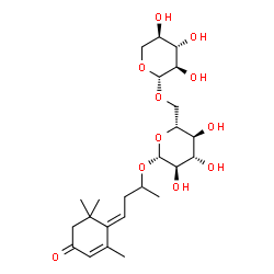 ChemSpider 2D Image | (4E)-4-(2,6,6-Trimethyl-4-oxo-2-cyclohexen-1-ylidene)-2-butanyl 6-O-beta-D-xylopyranosyl-beta-D-glucopyranoside | C24H38O11
