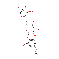 ChemSpider 2D Image | 4-Allyl-2-methoxyphenyl 6-O-[(2R,3S,4R)-3,4-dihydroxy-4-(hydroxymethyl)tetrahydro-2-furanyl]-beta-D-mannopyranoside | C21H30O11