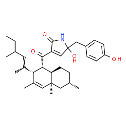 ChemSpider 2D Image | 5-Hydroxy-5-(4-hydroxybenzyl)-3-({(1R,2S,4aR,6S,8aR)-3,4a,6-trimethyl-2-[(2E)-4-methyl-2-hexen-2-yl]-1,2,4a,5,6,7,8,8a-octahydro-1-naphthalenyl}carbonyl)-1,5-dihydro-2H-pyrrol-2-one | C32H43NO4
