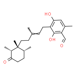 ChemSpider 2D Image | 2,4-Dihydroxy-6-methyl-3-{(2E)-3-methyl-5-[(1R,2R,6R)-1,2,6-trimethyl-3-oxocyclohexyl]-2-penten-1-yl}benzaldehyde | C23H32O4