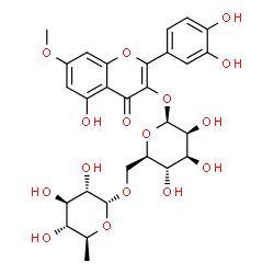 ChemSpider 2D Image | 2-(3,4-Dihydroxyphenyl)-5-hydroxy-7-methoxy-4-oxo-4H-chromen-3-yl 6-O-(6-deoxy-alpha-L-glucopyranosyl)-beta-D-mannopyranoside | C28H32O16