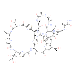ChemSpider 2D Image | N-{3-[(3-Amino-3-oxo-1-propen-2-yl)amino]-3-oxo-1-propen-2-yl}-2-[(1R,8S,11Z,15S,18S,25S,26R,35R,37S,40S,46S,59S)-37-[(2S)-2-butanyl]-18-[(2S,3R)-2,3-dihydroxy-2-butanyl]-11-ethylidene-59-hydroxy-8-[(
1R)-1-hydroxyethyl]-31-[(1S)-1-hydroxyethyl]-26,40,46-trimethyl-43-methylene-6,9,16,23,28,38,41,44,47-nonaoxo-27-oxa-3,13,20,56-tetrathia-7,10,17,24,36,39,42,45,48,52,58,61,62,63,64-pentadecaazanonacy
clo[23.23.9.3~29,35~.1~2,5~.1~12,15~.1~19,22~.1~54,57~.0~1,53~.0~32,60~]tetrahexaconta-2(64),4,12(63),19(62),21,29,31,33,51,54,57,60-dodecaen-51-yl]-1,3-thiazole-4-carboxamide | C72H85N19O18S5