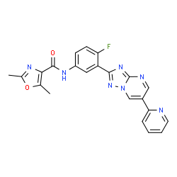 ChemSpider 2D Image | N-{4-Fluoro-3-[6-(2-pyridinyl)[1,2,4]triazolo[1,5-a]pyrimidin-2-yl]phenyl}-2,5-dimethyl-1,3-oxazole-4-carboxamide | C22H16FN7O2