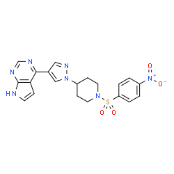 ChemSpider 2D Image | 4-(1-{1-[(4-Nitrophenyl)sulfonyl]-4-piperidinyl}-1H-pyrazol-4-yl)-7H-pyrrolo[2,3-d]pyrimidine | C20H19N7O4S