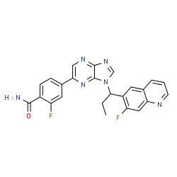 ChemSpider 2D Image | 2-Fluoro-4-{1-[1-(7-fluoro-6-quinolinyl)propyl]-1H-imidazo[4,5-b]pyrazin-6-yl}benzamide | C24H18F2N6O
