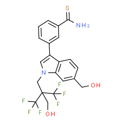 ChemSpider 2D Image | 3-{6-(Hydroxymethyl)-1-[3,3,3-trifluoro-2-(hydroxymethyl)-2-(trifluoromethyl)propyl]-1H-indol-3-yl}benzenecarbothioamide | C21H18F6N2O2S