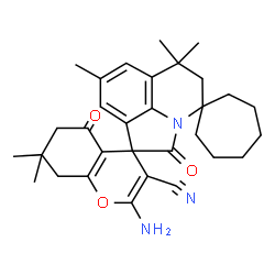 ChemSpider 2D Image | 2-Amino-6',6',7,7,8'-pentamethyl-2',5-dioxo-5,5',6,6',7,8-hexahydrodispiro[chromene-4,1'-pyrrolo[3,2,1-ij]quinoline-4',1''-cycloheptane]-3-carbonitrile | C31H37N3O3