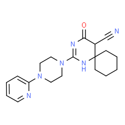 ChemSpider 2D Image | 4-Oxo-2-[4-(2-pyridinyl)-1-piperazinyl]-1,3-diazaspiro[5.5]undec-1-ene-5-carbonitrile | C19H24N6O