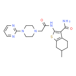 ChemSpider 2D Image | 6-Methyl-2-({[4-(2-pyrimidinyl)-1-piperazinyl]acetyl}amino)-4,5,6,7-tetrahydro-1-benzothiophene-3-carboxamide | C20H26N6O2S