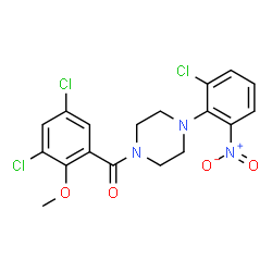 ChemSpider 2D Image | [4-(2-Chloro-6-nitrophenyl)-1-piperazinyl](3,5-dichloro-2-methoxyphenyl)methanone | C18H16Cl3N3O4