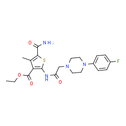 ChemSpider 2D Image | Ethyl 5-carbamoyl-2-({[4-(4-fluorophenyl)-1-piperazinyl]acetyl}amino)-4-methyl-3-thiophenecarboxylate | C21H25FN4O4S