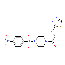 ChemSpider 2D Image | 1-{4-[(4-Nitrophenyl)sulfonyl]-1-piperazinyl}-2-(1,3,4-thiadiazol-2-ylsulfanyl)ethanone | C14H15N5O5S3