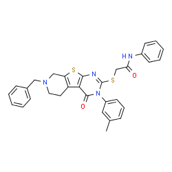 ChemSpider 2D Image | 2-{[7-Benzyl-3-(3-methylphenyl)-4-oxo-3,4,5,6,7,8-hexahydropyrido[4',3':4,5]thieno[2,3-d]pyrimidin-2-yl]sulfanyl}-N-phenylacetamide | C31H28N4O2S2