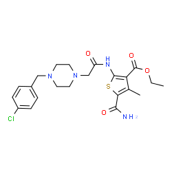 ChemSpider 2D Image | Ethyl 5-carbamoyl-2-({[4-(4-chlorobenzyl)-1-piperazinyl]acetyl}amino)-4-methyl-3-thiophenecarboxylate | C22H27ClN4O4S