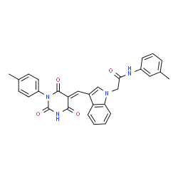 ChemSpider 2D Image | N-(3-Methylphenyl)-2-(3-{(E)-[1-(4-methylphenyl)-2,4,6-trioxotetrahydro-5(2H)-pyrimidinylidene]methyl}-1H-indol-1-yl)acetamide | C29H24N4O4