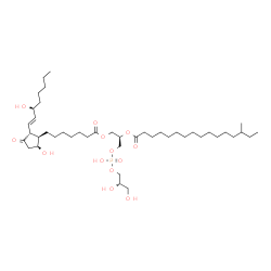 ChemSpider 2D Image | (2R)-3-({[(2S)-2,3-Dihydroxypropoxy](hydroxy)phosphoryl}oxy)-2-[(14-methylhexadecanoyl)oxy]propyl (9alpha,13E,15S)-9,15-dihydroxy-11-oxoprost-13-en-1-oate | C43H79O13P
