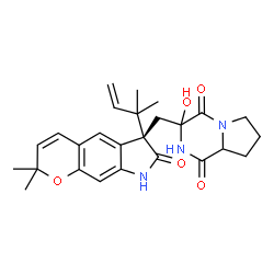 ChemSpider 2D Image | 3-{[(6S)-2,2-Dimethyl-6-(2-methyl-3-buten-2-yl)-7-oxo-2,6,7,8-tetrahydropyrano[3,2-f]indol-6-yl]methyl}-3-hydroxyhexahydropyrrolo[1,2-a]pyrazine-1,4-dione | C26H31N3O5