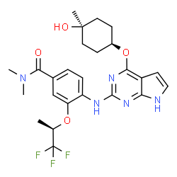 ChemSpider 2D Image | 4-({4-[(cis-4-Hydroxy-4-methylcyclohexyl)oxy]-7H-pyrrolo[2,3-d]pyrimidin-2-yl}amino)-N,N-dimethyl-3-{[(2R)-1,1,1-trifluoro-2-propanyl]oxy}benzamide | C25H30F3N5O4