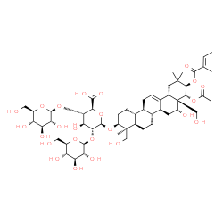 ChemSpider 2D Image | (3S,4S,4aR,6aR,6bS,8R,8aR,9R,10R,12aS,14aS,14bR)-9-Acetoxy-8-hydroxy-4,8a-bis(hydroxymethyl)-4,11,11-trimethyl-10-{[(2E)-2-methyl-2-butenoyl]oxy}-1,2,3,4,4a,5,6,6a,6b,7,8,8a,9,10,11,12,12a,14,14a,14b-
icosahydro-3-picenyl beta-D-glucopyranosyl-(1->2)-[beta-D-glucopyranosyl-(1->4)]-beta-D-glucopyranosiduronic acid | C52H80O24