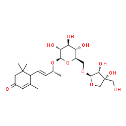 ChemSpider 2D Image | (2R,3E)-4-(2,6,6-Trimethyl-4-oxo-2-cyclohexen-1-yl)-3-buten-2-yl 6-O-[(2R,3R,4R)-3,4-dihydroxy-4-(hydroxymethyl)tetrahydro-2-furanyl]-beta-D-glucopyranoside | C24H38O11